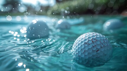 Fototapeta na wymiar falling golf balls, diving into clear blue water, background light with decorations,