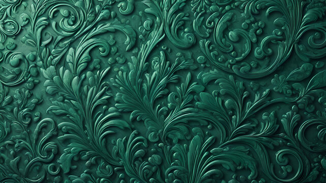 green background tone with embossed floral pattern on metal surface.