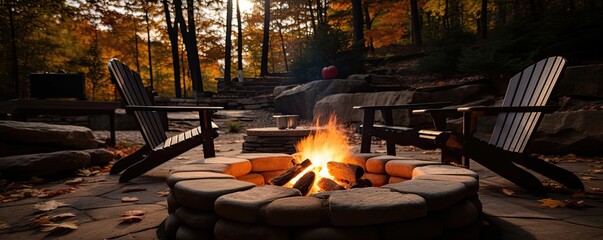 close-up photo of a stacked stone firepit with firewood and flames. Beautiful autumn landscape.