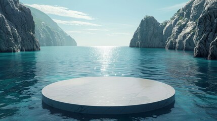 Circular platform, Empty round white podium or platform for product display on sea background surrounded by water, AI - obrazy, fototapety, plakaty