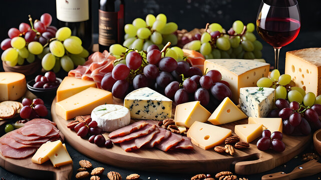 
image of a table on which there are glasses of wine and various snacks. Blue cheeses, shank, different varieties of grapes. tasting. food