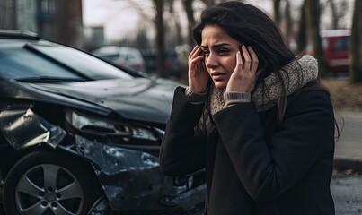 Sad young woman after a car accident holding her head. Car accident on the street, damaged car on the background - obrazy, fototapety, plakaty