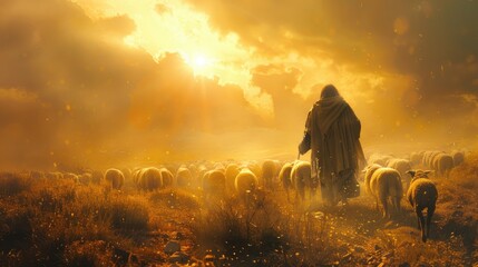 Poignant image of Jesus Christ as a shepherd. Generative Ai - obrazy, fototapety, plakaty