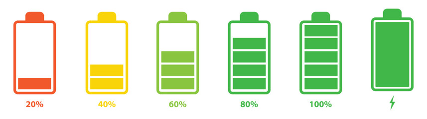 Set of vertical battery level indicators in percentage vector. Battery indicator symbols. 0-100 percent. Vector illustration