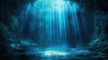Unidentified submerged cave with beams of light. Generative Ai