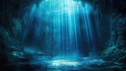 Tuinposter Unidentified submerged cave with beams of light. Generative Ai © MinixT