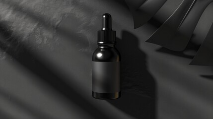 bottle of essential oil or serum with a dropper and a matte black label. - obrazy, fototapety, plakaty