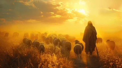 Fotobehang Poignant image of Jesus Christ as a shepherd. Generative Ai © MinixT