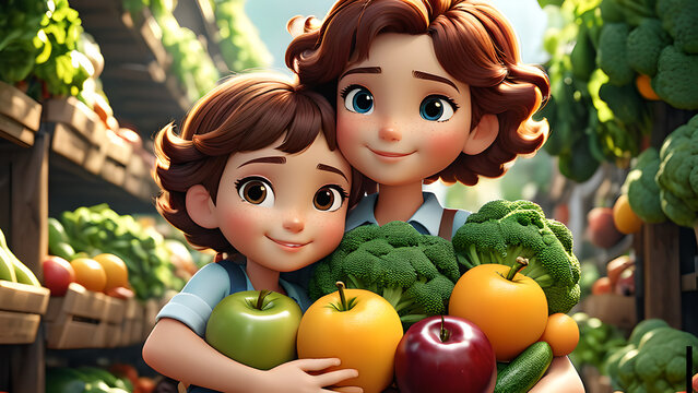 3D cartoon image of a mother and children at a vegetable market. healthy eating