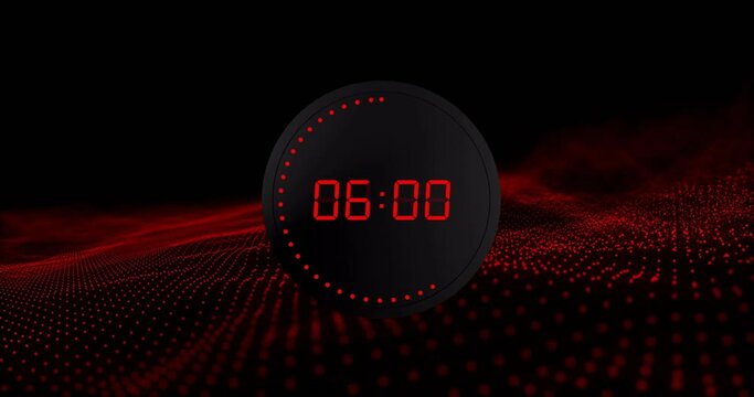 Animation of red digital timer changing with dots and red light trails on black background