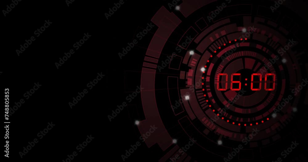 Aufkleber animation of red digital timer changing on red circles over black background