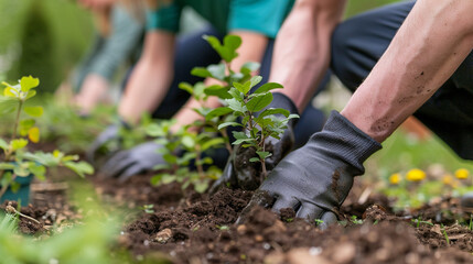 Close up of volunteers hands planting young trees in soil, community Earth Day event in action