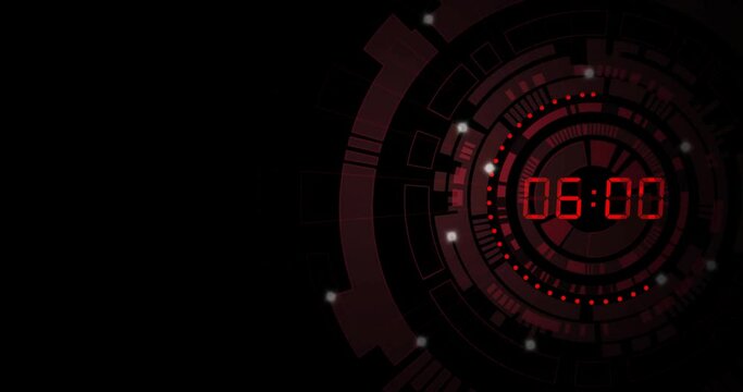 Animation of red digital timer changing on red circles over black background