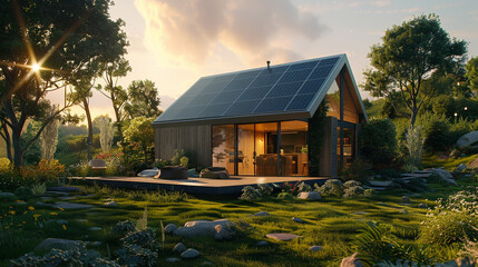 Smart modern home solar panel system, renewable energy lifestyle, eco-friendly sustainable living