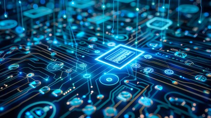 AI blueprints in neon blue, outlining future AI architecture.