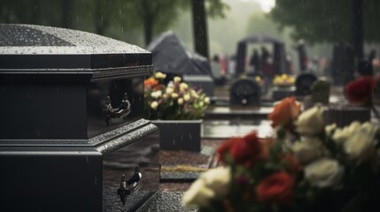 Funeral, coffin with flowers. Rainy day, commemoration, death, memories.  - obrazy, fototapety, plakaty