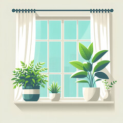 Clean vector illustration of a potted plant on a windowsill, adding a touch of greenery to any interior design concept
