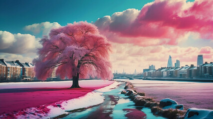 Panomaric oil painted beautiful winter landscape of London City