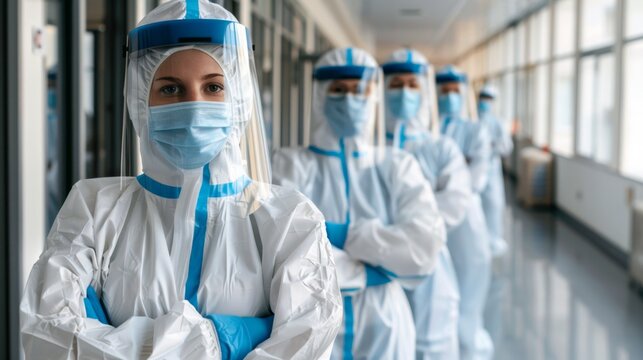 Frontline healthcare workers in PPE show unity and strength in hospital hallway.