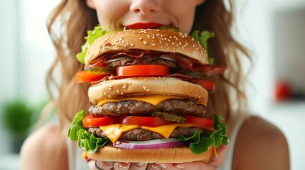 Woman holding big burger, Extra large hamburger on white background