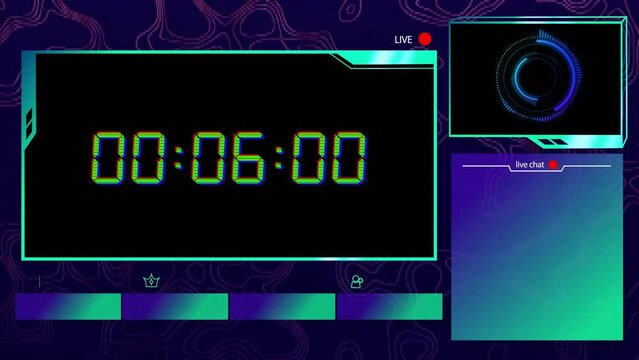 Animation of blue digital clock timer changing over screens on black background