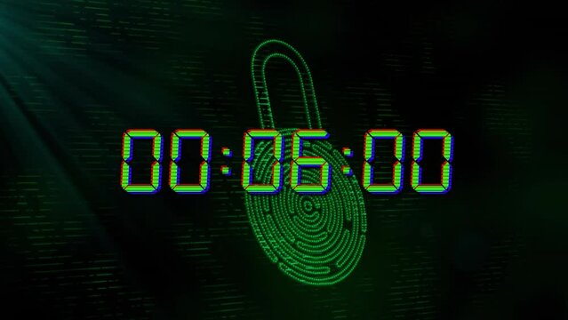 Animation of blue digital clock timer changing over biometric padlock on black background