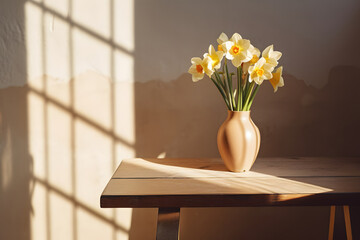 a vase with blooming yellow flowers is bathed in the warm, golden light filtering through the window blinds. The main focus is on a small, soft lighting and natural elements