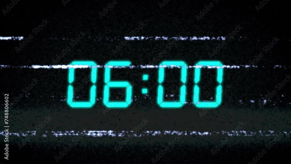 Poster animation of green digital clock timer changing over light trails on black background