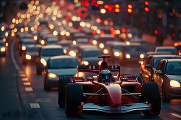 Formula 1 car stuck in traffic at the rush hour on the road of a capital city. Neural network generated image. Not based on any actual scene or pattern. - obrazy, fototapety, plakaty