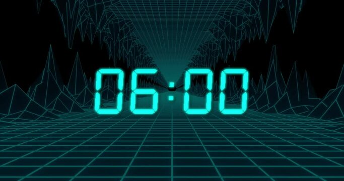 Animation of blue digital clock timer changing over metaverse on black background