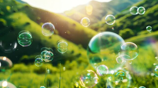 Soap bubbles in green grass, animation video looping motion
