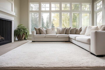 Interior of a modern living room with sofa, fireplace, houseplant and white carpet