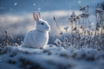 Un lapin blanc sous la neige dans la nature avec des petite brindilles - generative AI