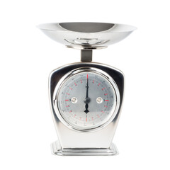 modern metal kitchen scales spring balance, classic design / shape, isolated over a transparent background, cooking, household, or lifestyle element
