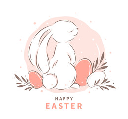 Happy Easter greeting card. Banner or poster with cute Easter bunny, eggs and plants in pastel colors on light background. Isolated Easter  decor elements. Vector illustration 