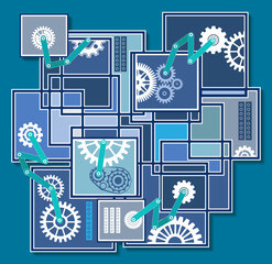 Industrial graphic installation of colored rectangles, gears and other mechanical elements. Background, wallpaper in blue tones. Vector illustration
