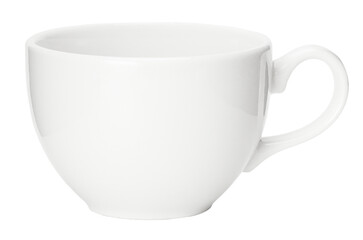 Closeup clean white ceramic coffee cup or hot beverage with no logo, possible for logo design isolated on white background.