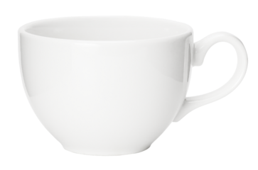 Closeup clean white ceramic coffee cup or hot beverage with no logo, possible for logo design isolated on white background.