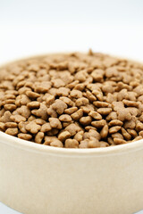 Close up of dry pet food in a white bowl, dog and cat food background. Selective focus concept.