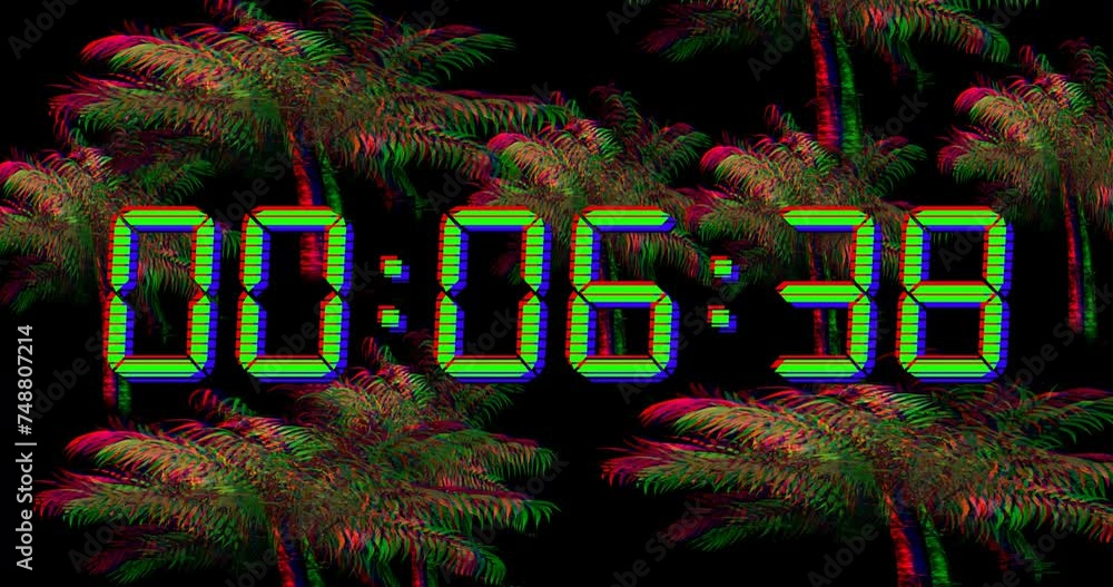 Poster animation of blue digital clock timer changing over palm trees on black background