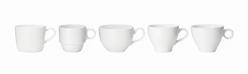  Set of clean Blank ceramic white cup mockups  difference design, no logo isolated clipping path on white background. 