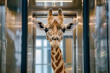 A giraffe, with its long neck extended upward, stands inside a modern, towering building. The animals presence contrasts with the indoor structures around it.
