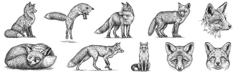 Vintage engraving isolated fox set illustration ink sketch. Wild animal background foxy animal silhouette art. Black and white hand drawn image. - 748807224