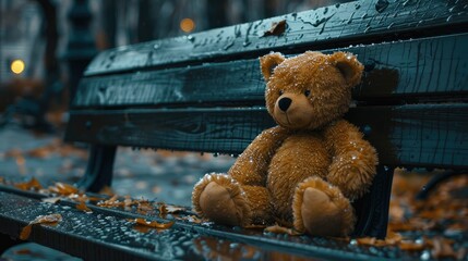 Teddy bear alone on a soggy park bench at heartrending. Generative Ai - obrazy, fototapety, plakaty