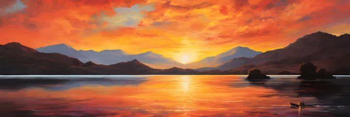 Fototapeten Landscape Acrylic Painting Stock Photo - Brilliant Sunset Over Calm Waters and Mountain Silhouette © Garrett