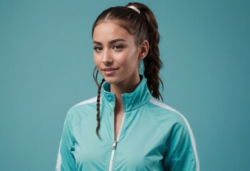 An athletic woman in a turquoise jacket poses with confidence. Her sporty look is complemented by a modern hairstyle. - obrazy, fototapety, plakaty