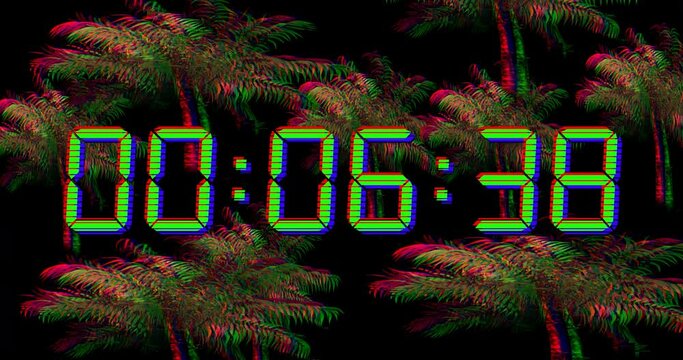 Animation of blue digital clock timer changing over palm trees on black background