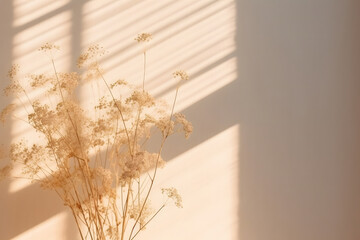 a serene moment where a vase of flowers dries in the warm sunlight, casting soft shadows on the wall. The flowers are delicate and illuminated by sunlight