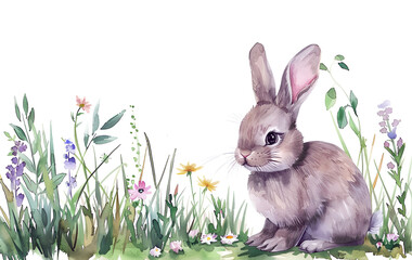 Cute rabbit sitting on spring field with wildflowers and grass.  Watercolor illustration for Happy Easter greeting card,  baby print.  Easter banner with a place for text