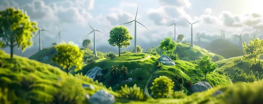An intricate D landscape showcasing various energy sources in a neverending loop. Concept Energy Sources, Intricate Design, 3D Landscape, Neverending Loop, Sustainability Concept